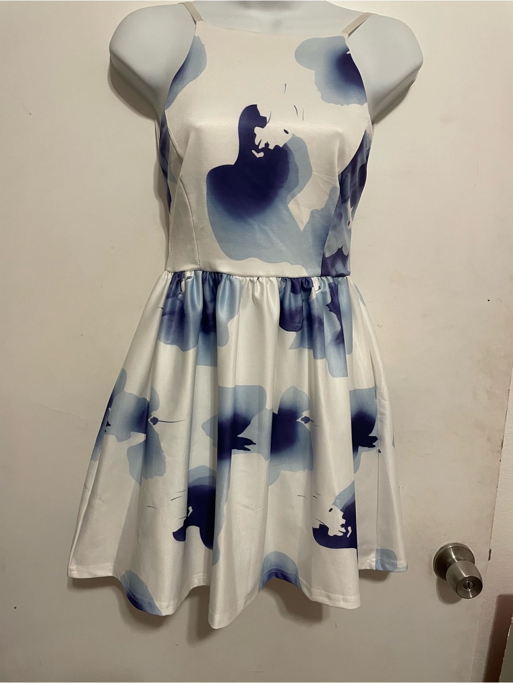 Fancyinn White Dress with Blue Watercolor Floral Print - Sleeveless Skater Style